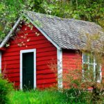 red garden shed in the farm