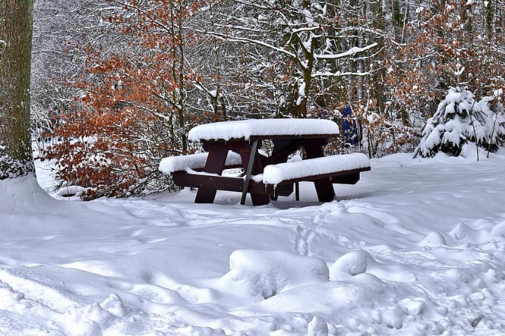 weatherproof picnic bench in winter