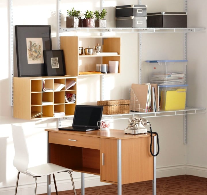 organized room with shelves