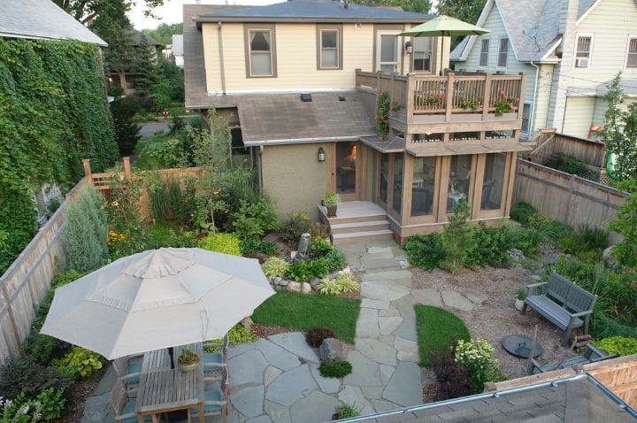 small backyard with pathway and perennials