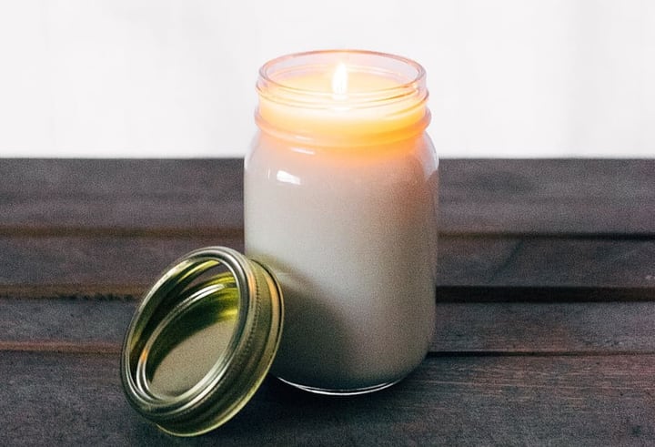 homemade lavender soy candle in a mason jar