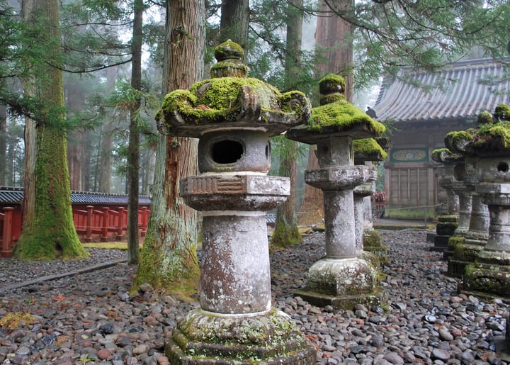 moss covered japanese stone lantern